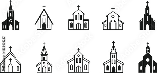 Set of ten vector icons showing various architectural styles of church buildings, chapels, and cathedrals for religious, faith, or worship design, flat illustration