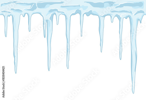 Seamless icicle texture on white background. Tilling icicle horizontal, width or x. Repeating winter background texture, Christmas card or ice cream concept.