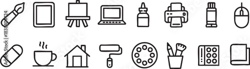 A comprehensive collection of creative art tools technology and home related outline icons set in a simple doodle style