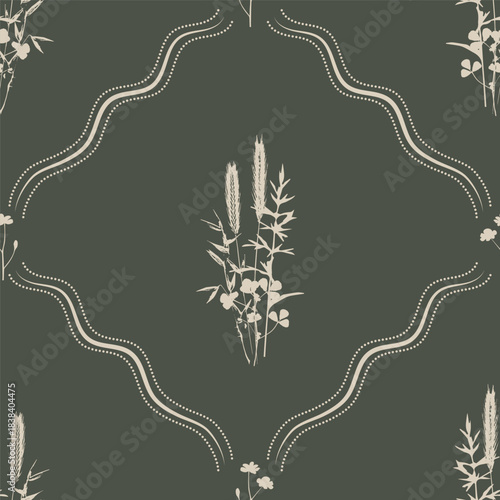 Cute floral seamless pattern with silhouettes of meadow wild herbs flowers. Flower vector illustration background. Print in rustic vintage style, textile or wallpapers.