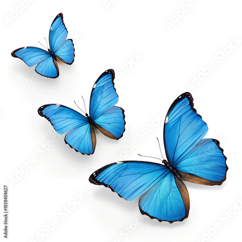 Three Blue tropical butterflies isolated on white background.