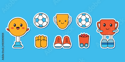 Cute soccer sticker sheet collection, kawaii cartoon vector illustrations of football elements, trophy and fan gear with white border.