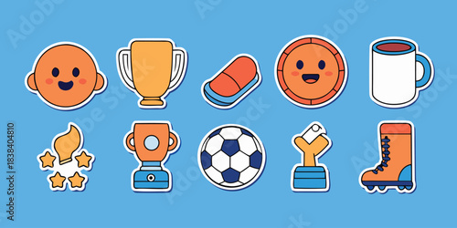 Cute soccer sticker sheet collection, kawaii cartoon vector illustrations of football elements, trophy and fan gear with white border.