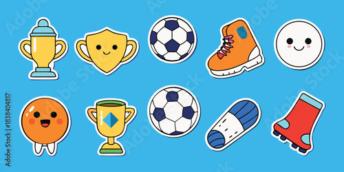 Cute soccer sticker sheet collection, kawaii cartoon vector illustrations of football elements, trophy and fan gear with white border.