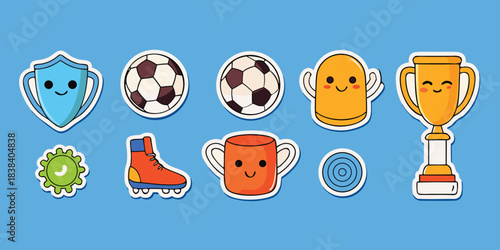 Cute soccer sticker sheet collection, kawaii cartoon vector illustrations of football elements, trophy and fan gear with white border.