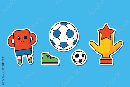 Cute soccer sticker sheet collection, kawaii cartoon vector illustrations of football elements, trophy and fan gear with white border.