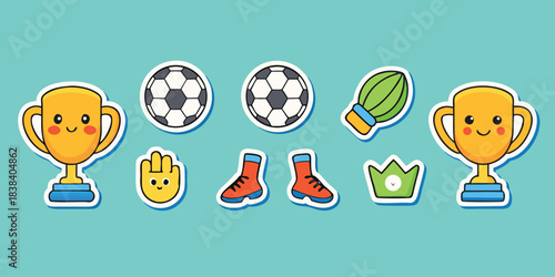 Cute soccer sticker sheet collection, kawaii cartoon vector illustrations of football elements, trophy and fan gear with white border.