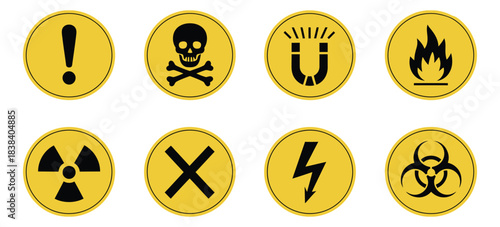 Hazard Danger Signs Vector Set Featuring Radiation, High Voltage, Biohazard, Toxic, Flame, Laser, CO2, Magnet, and Caution Symbols for Safety Warning Designs
