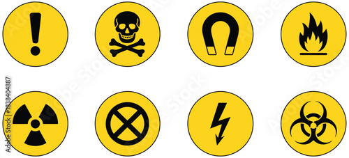 Hazard Danger Signs Vector Set Featuring Radiation, High Voltage, Biohazard, Toxic, Flame, Laser, CO2, Magnet, and Caution Symbols for Safety Warning Designs