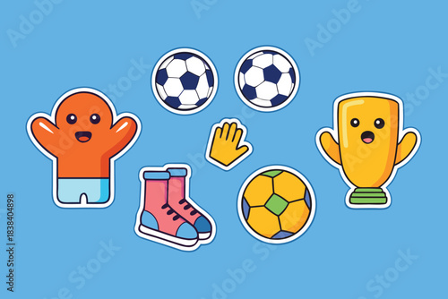 Cute soccer sticker sheet collection, kawaii cartoon vector illustrations of football elements, trophy and fan gear with white border.