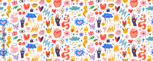 Punk rock fire doodle seamless pattern for music festival background. Graffiti sketch y2k punk stickers. Funky crayon drawn tattoo shapes seamless pattern. Flame hearts, fire, lightnings, and crowns.
