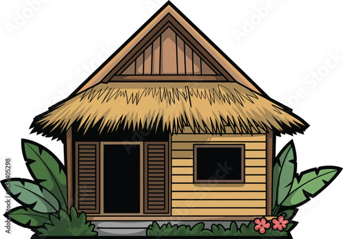 Tropical Bungalow with Thatched Roof and Lush Greenery