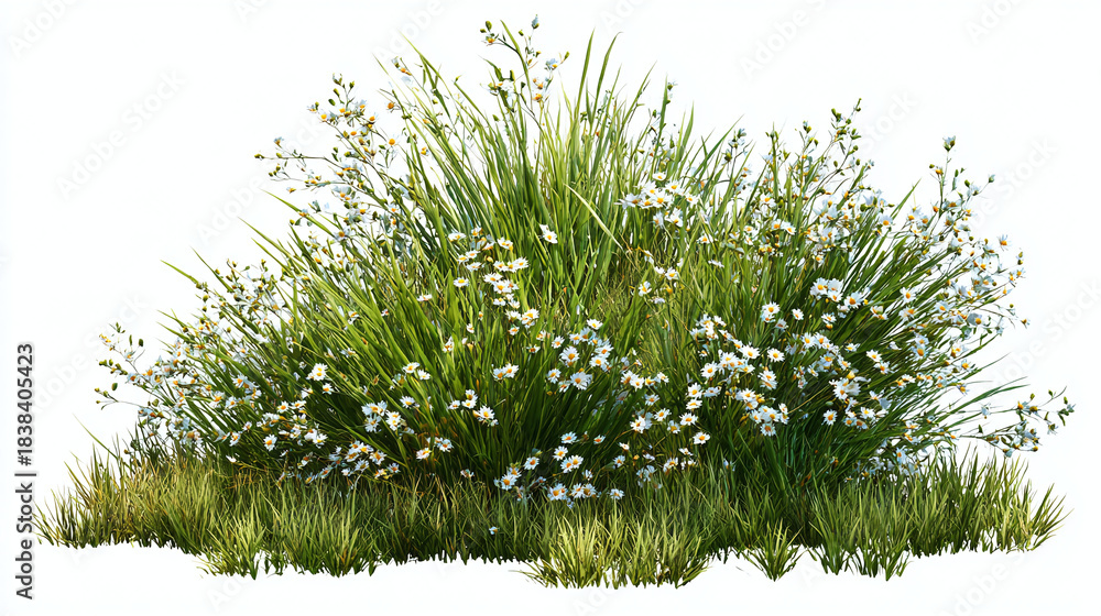 Fototapeta premium A vibrant cluster of green grass and small white flowers. A symbol of nature's beauty 