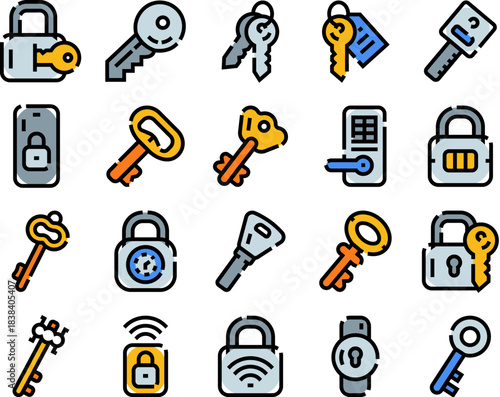Keys and locks security access control icons set