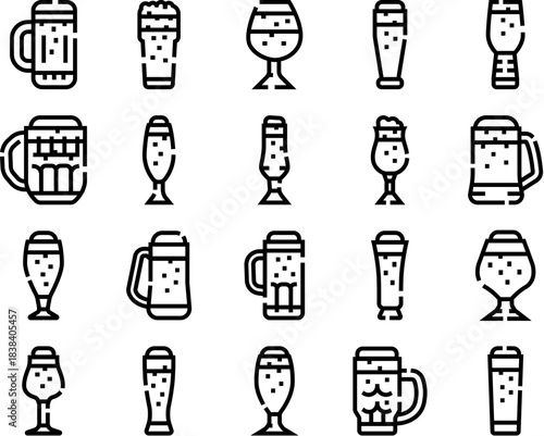 Beer mugs and glass outline icon set collection