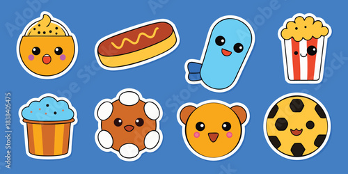 Cute soccer sticker sheet collection, kawaii cartoon vector illustrations of football elements, trophy and fan gear with white border.