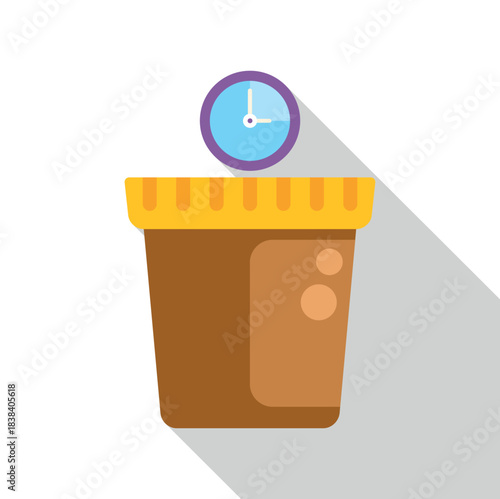 Specimen cup with a clock indicating timed urine test analysis