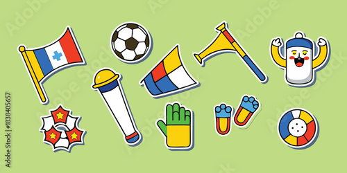 Cute soccer sticker sheet collection, kawaii cartoon vector illustrations of football elements, trophy and fan gear with white border.