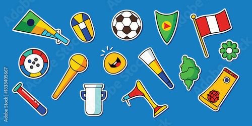 Cute soccer sticker sheet collection, kawaii cartoon vector illustrations of football elements, trophy and fan gear with white border.