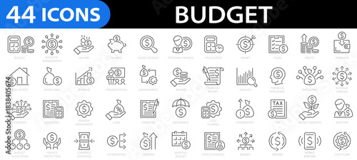 Budget line icon set. Accounting, bookkeeping, distribution, banking, business, expense, money management, spending, income, profit, investment and more. Editable icons. Vector illustration