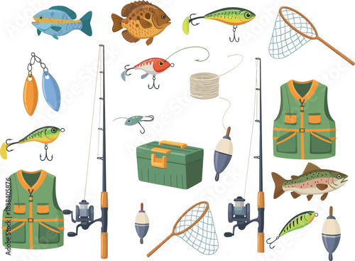 Cartoon fishing equipment set with fishing rods, vests, fish, lures, nets, bobbers, tackle box and fishing line isolated on white background
