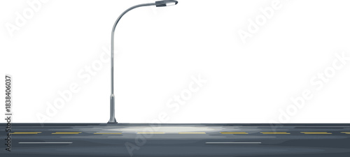 Modern illuminated street lamp over empty asphalt road at night, urban roadway lighting design, safe highway infrastructure and transportation background illustration