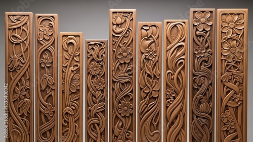 Detailed carved wooden panels showcase traditional floral and animal motifs in warm tones