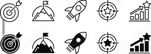each, launching, targets, five, error, development, success, failed, including, upward, symbol, arrows, icon, stars., ambition, vision, featuring, design, progress, keywords:, mountain, growth, icons