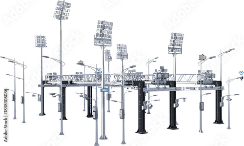 Advanced smart city infrastructure with surveillance cameras, street lights, traffic sensors, and stadium floodlights on modern urban technology network system illustration