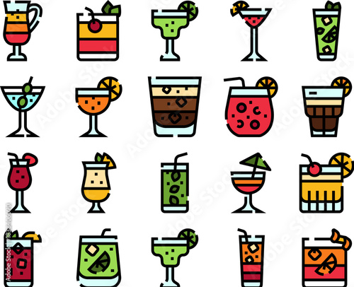 Cocktails and drinks collection icons set