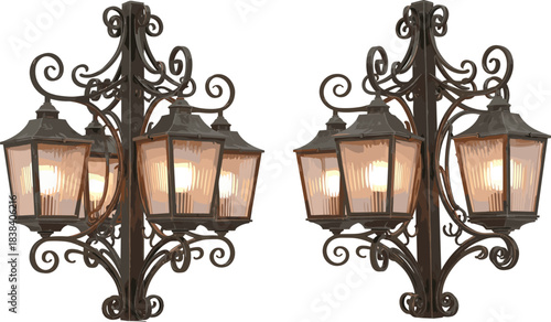 Vintage decorative wall lanterns with ornate wrought iron design, warm glowing lights, classic outdoor architectural lighting fixtures for elegant exterior decoration illustration