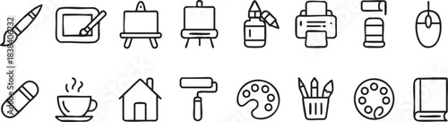 Charming handdrawn doodle style icons representing artist tools creative objects digital devices and useful domestic items for modern design