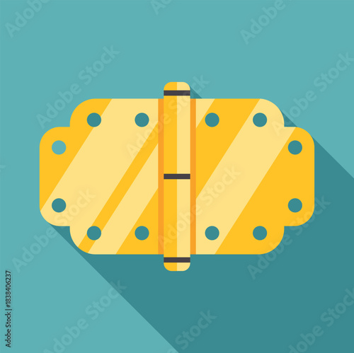 Golden door hinge with screw holes on a teal background in flat design style