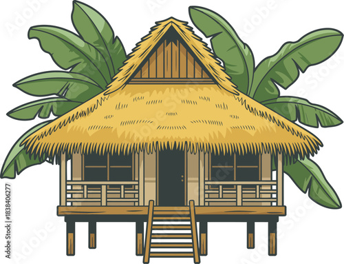 Tropical island hut with thatched roof and banana leaves, a charming vacation home in a lush paradise setting