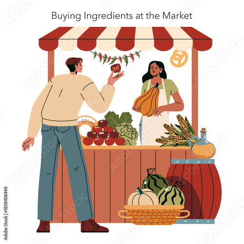 Buying Fresh Ingredients at a Market Stall Illustration
