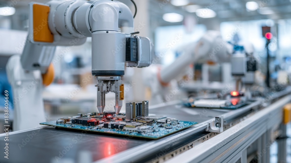 Fototapeta premium Robotic grippers assembling advanced electronic circuit boards on a cleanroom conveyor, showcasing automation and high-tech industrial technology