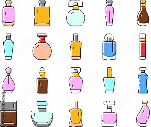 Perfume bottles collection with various fragrances icons