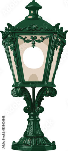 Ornate Green Cast Iron Lantern/Table Lamp, Victorian Style Decorative Light Fixture, Vintage Exterior Garden Lighting or Interior Accent Piece, Isolated.