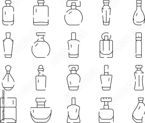 Perfume bottle line art icon set