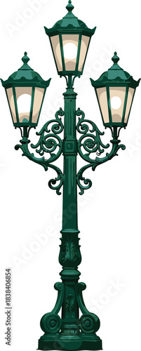 Ornate Three-Headed Green Cast Iron Lamp Post, Classic Victorian Style Street Light, Decorative Park Lighting Fixture with Illuminated Lanterns, Vintage Look.