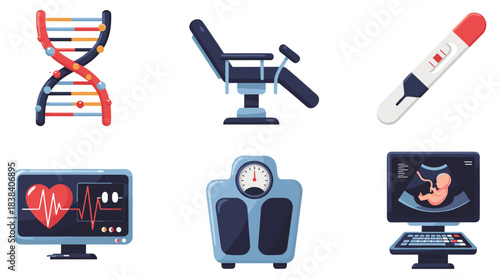 Medical icon set featuring DNA, exam chair, pregnancy test, heart monitor, scale, and ultrasound in healthcare illustration style