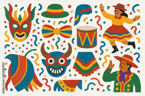 Peruvian carnival vector icons in torn textured tight grid on white background