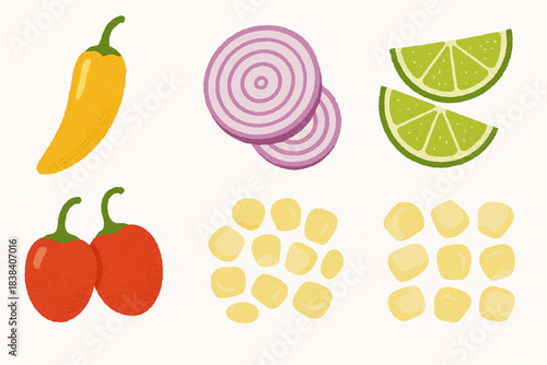 Peruvian cooking ingredients vector icons in torn textured grid on white background