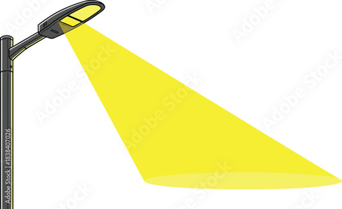 Modern LED streetlight illuminating urban roadway at night with bright yellow spotlight beam, outdoor lighting technology illustration for infrastructure design