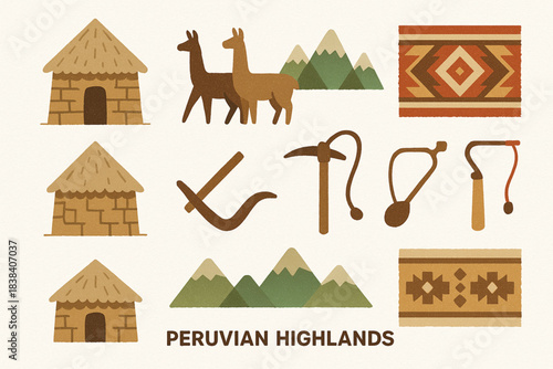 Peruvian highlands vector icons in torn textured structured grid on white background