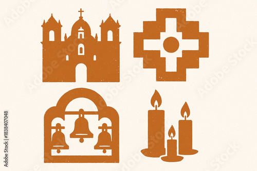 Peruvian religious architecture vector icons in torn textured tidy grid on white background