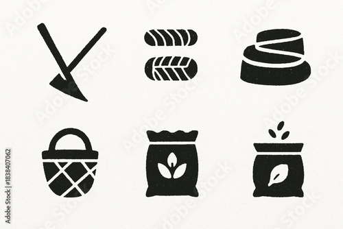 Traditional Andean farming tools vector icons in torn textured grid on white background