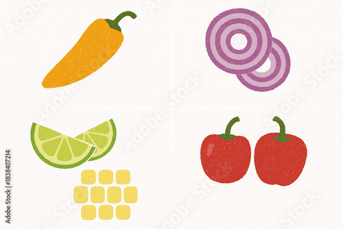 Peruvian cooking ingredients vector icons in torn textured grid on white background