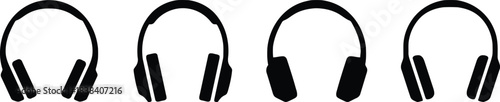 headphone, music, communication, background., black, each, device, simple, portable, icons, headphones, earphone, electronic, studio, keywords:, headset, accessory, four, category:, symbol