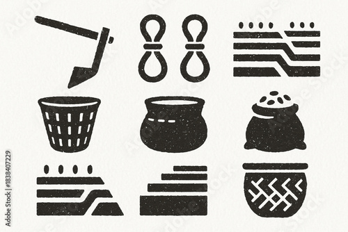 Traditional Andean farming tools vector icons in torn textured grid on white background